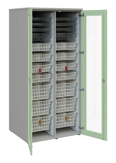 EUROMEDICA S - 90 skříň léková boxová, 2-dveřová/prosklená, 1950x900x735, korpus šedý, dvířka šedo-zelinkavá